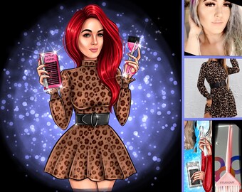 May include: A cartoon illustration of a woman with red hair wearing a leopard print dress and holding a pair of pink scissors and a package of eyelashes. The text "Perfect Lashes" is on the package.
