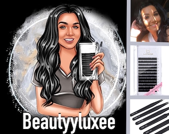 May include: A cartoon illustration of a woman holding a package of black eyelash extensions. The package is labeled "LANKIZ" and "Magic Gradient Classic". The woman is wearing a gray shirt and has long black hair. The image also includes a photo of the woman and a set of black tweezers.