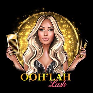 K&ouml;nnte beinhalten: Illustration einer Frau mit langen blonden Haaren, die Wimpernverl&auml;ngerungen und eine Pinzette h&auml;lt. Das Bild hat einen goldenen Glitzerhintergrund und den Text "OOH'LAH Lash" in Gold und Pink.