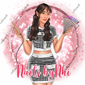 May include: A woman with long brown hair is holding a nail drill and a fan of nail polish colours. She is wearing a black and white checked outfit. The text "Nails by Nhi" is written in pink letters below her.