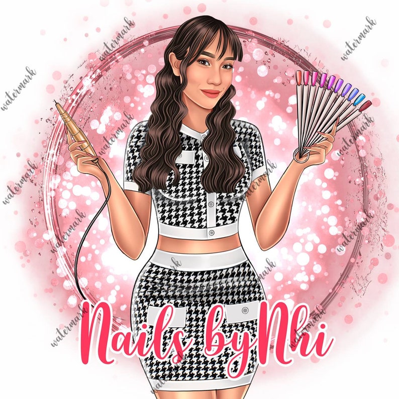 May include: A woman with long brown hair is holding a nail drill and a fan of nail polish colours. She is wearing a black and white checked outfit. The text "Nails by Nhi" is written in pink letters below her.