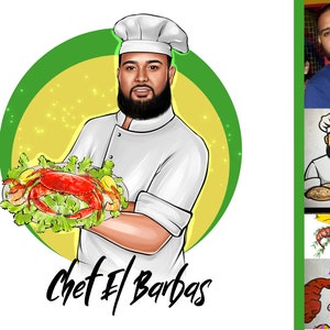 May include: A cartoon illustration of a chef wearing a white chef's hat and a white uniform holding a plate of crab with lettuce and lemon wedges. The chef has a beard and is smiling. The text "Chef El Barbas" is written below the chef.