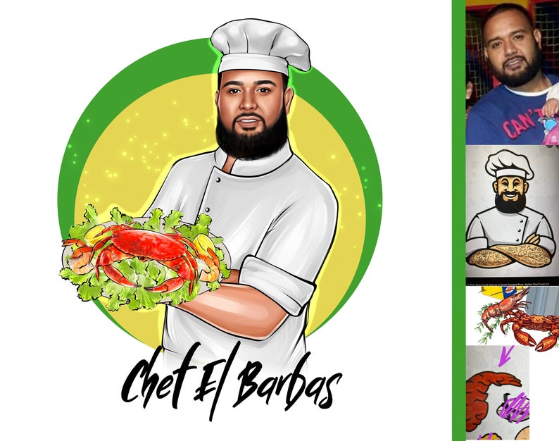 May include: A cartoon illustration of a chef wearing a white chef's hat and a white uniform holding a plate of crab with lettuce and lemon wedges. The chef has a beard and is smiling. The text "Chef El Barbas" is written below the chef.