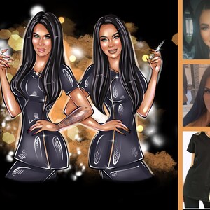 May include: Two women in black uniforms with gold accents, holding syringes, against a gold and black background.