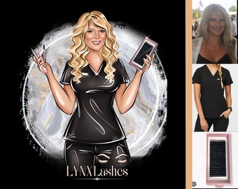 May include: A cartoon illustration of a woman wearing a black scrub top and pants, holding lash tools and a tray of eyelash extensions. The text "LYNXLashes" is below the image.