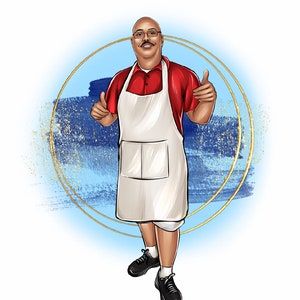 May include: A man wearing a red shirt and a white apron is smiling and giving a thumbs up. He is standing in front of a blue and gold background.