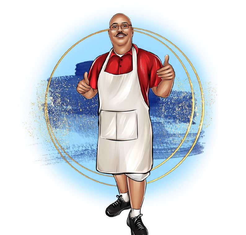 May include: A man wearing a red shirt and a white apron is smiling and giving a thumbs up. He is standing in front of a blue and gold background.