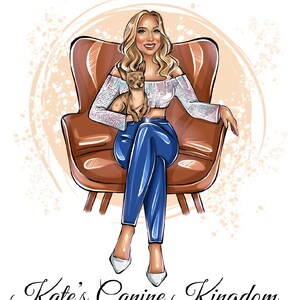 May include: A woman with long blonde hair sits in a brown armchair with a small brown and white dog in her lap. The woman is wearing a white off-the-shoulder top, blue jeans, and white heels. The background is a light peach color with white dots.