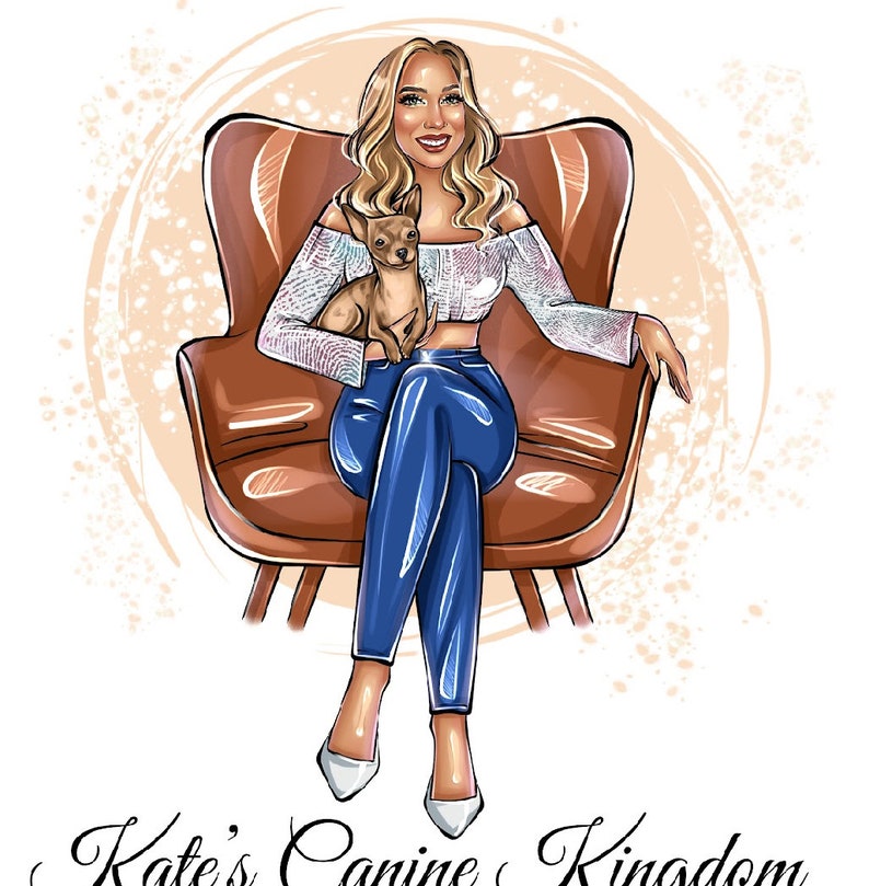 May include: A woman with long blonde hair sits in a brown armchair with a small brown and white dog in her lap. The woman is wearing a white off-the-shoulder top, blue jeans, and white heels. The background is a light peach color with white dots.