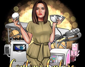 May include: Cartoon illustration of a woman holding beauty equipment, with the text "Contour Galore" in gold script. The woman is wearing a tan dress and is surrounded by various cosmetic machines and tools, set against a black background with golden bokeh.