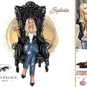 May include: A woman with blonde hair sits on a black throne with gold accents. She is wearing a black leather jacket, blue jeans, and a white shirt. The background is a gold circle with a sparkle effect. The text "Lash Palace Boca" is in the lower left corner of the image. The text "Sylwia" is in the upper right corner of the image.
