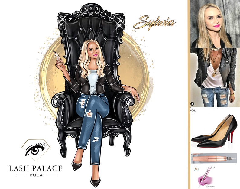 May include: A woman with blonde hair sits on a black throne with gold accents. She is wearing a black leather jacket, blue jeans, and a white shirt. The background is a gold circle with a sparkle effect. The text "Lash Palace Boca" is in the lower left corner of the image. The text "Sylwia" is in the upper right corner of the image.