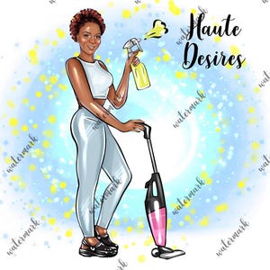 Pu&ograve; includere: Una donna con pantaloni bianchi e una canottiera bianca tiene in mano uno spruzzino e un aspirapolvere rosa e nero. Lo sfondo &egrave; un design acquerellato blu e giallo con il testo "Haute Desires".