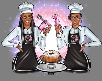 May include: Two women wearing white chef hats and aprons stand on either side of a frosted bundt cake. One woman holds a pink hand mixer and the other holds a pink piping bag.