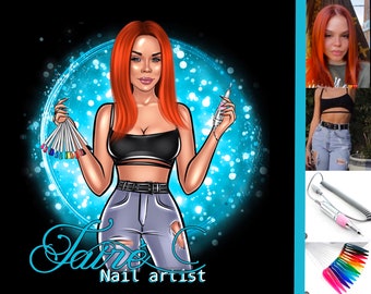 May include: A cartoon illustration of a woman with red hair holding nail polish and a nail drill. The text "Jane C Nail artist" is at the bottom of the image.