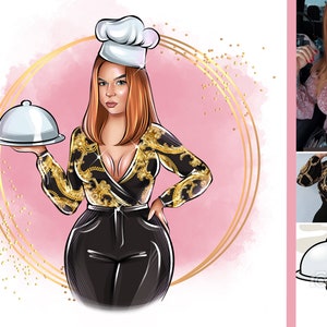 May include: A digital illustration of a woman wearing a black and gold patterned top, black pants, and a white chef's hat. She is holding a silver serving tray with a dome lid. The background is a pink watercolor wash with gold glitter.