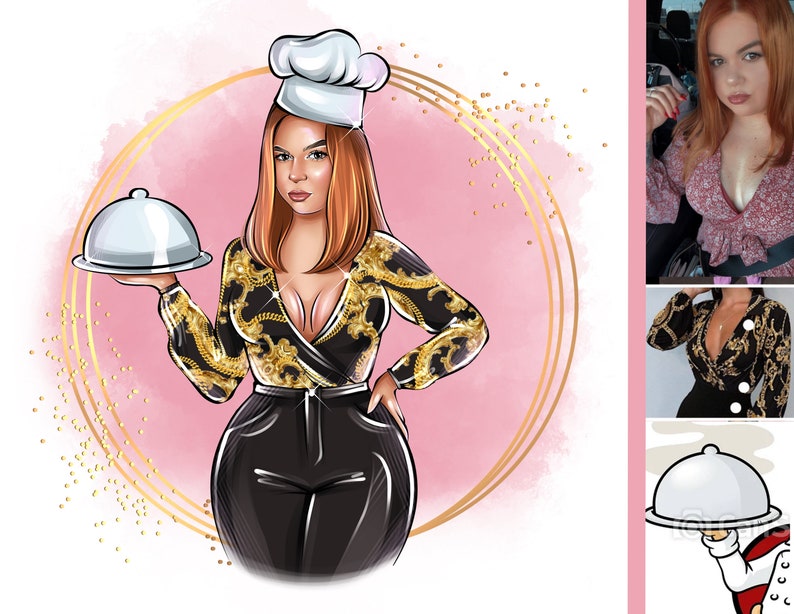 May include: A digital illustration of a woman wearing a black and gold patterned top, black pants, and a white chef's hat. She is holding a silver serving tray with a dome lid. The background is a pink watercolor wash with gold glitter.
