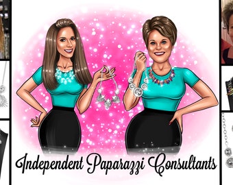 Könnte beinhalten: Zwei Frauen sind im Cartoon-Stil illustriert, tragen türkisfarbene Hemden und schwarze Röcke. Sie halten verschiedene Halsketten und Ohrringe hoch. Der Text "Independent Paparazzi Consultants" steht unter den Frauen.