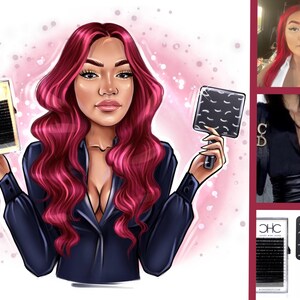 K&ouml;nnte beinhalten: Illustration einer Frau mit langen, roten Haaren, die eine Wimperntablett und einen schwarzen Handspiegel mit wei&szlig;en Wimperndesigns h&auml;lt. Die Frau tr&auml;gt einen dunkelblauen Blazer. Zus&auml;tzliche Bilder zeigen eine Nahaufnahme von Wimpern und einem Spiegel.