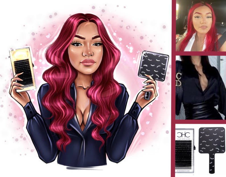 K&ouml;nnte beinhalten: Illustration einer Frau mit langen, roten Haaren, die eine Wimperntablett und einen schwarzen Handspiegel mit wei&szlig;en Wimperndesigns h&auml;lt. Die Frau tr&auml;gt einen dunkelblauen Blazer. Zus&auml;tzliche Bilder zeigen eine Nahaufnahme von Wimpern und einem Spiegel.