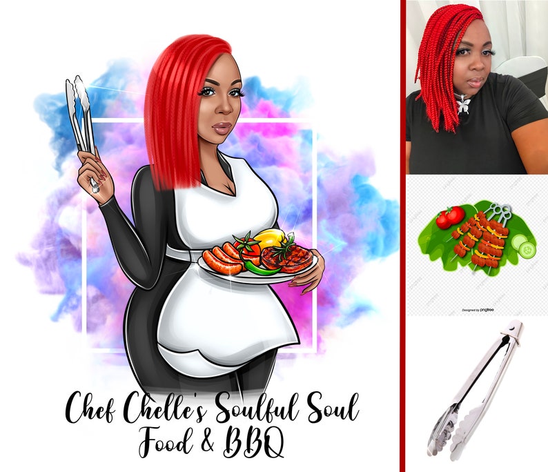 May include: A cartoon illustration of a woman with red hair wearing a white apron and holding a plate of grilled food. The text "Chef Chelle's Soulful Soul Food & BBQ" is below the image.