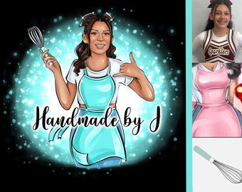 Puede incluir: Una ilustración de dibujos animados de una persona que lleva un delantal turquesa y sostiene un batidor. El texto "Handmade by J" está escrito en una fuente decorativa debajo de la persona. El fondo es azul y negro brillante.