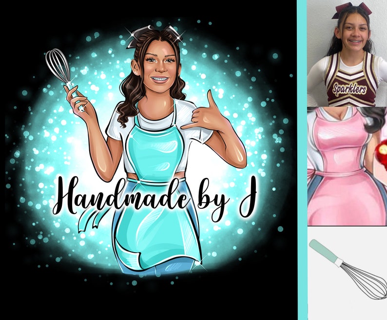 May include: A cartoon illustration of a person wearing a turquoise apron and holding a whisk. The text "Handmade by J" is written in a decorative font below the person. The background is a sparkly blue and black.