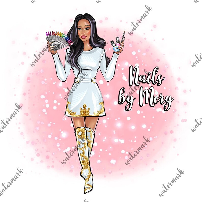 May include: A woman with long black hair and a white dress with gold accents is holding a nail polish colour chart and a bottle of nail polish. The text "Nails by Mery" is written in a stylised font.