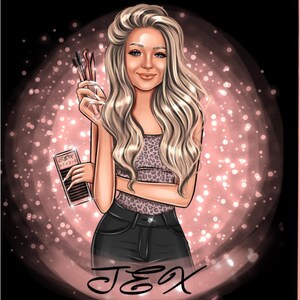 May include: Digital illustration of a woman with long blonde hair, holding eyelash extensions and tools. She wears a leopard print top and black jeans. The image has a pink and black background with the text "JEX STUDIO".