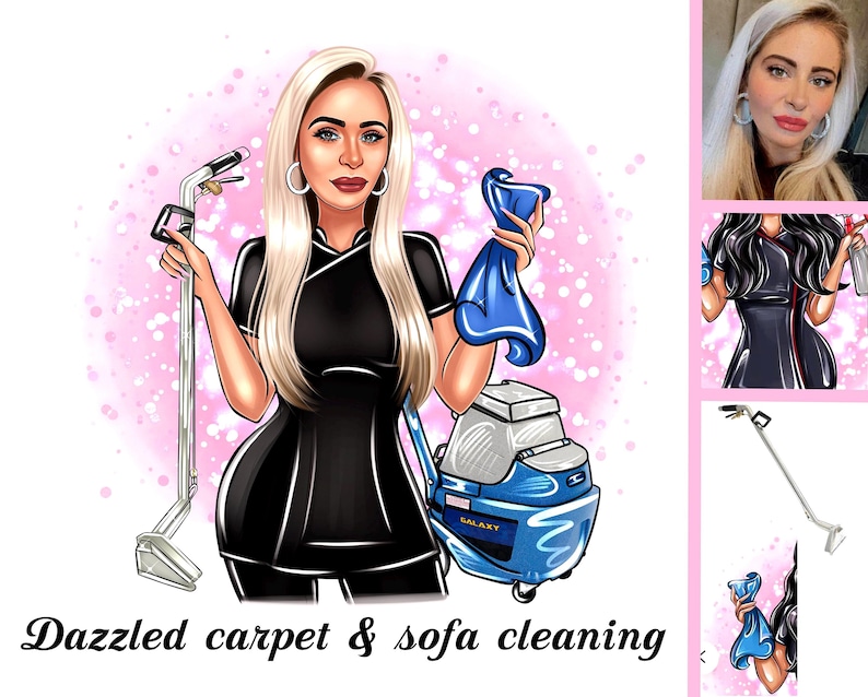 May include: A cartoon illustration of a woman holding a blue cleaning cloth and a carpet cleaning machine. The text "Dazzled carpet & sofa cleaning" is at the bottom of the image.