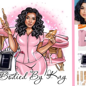 May include: An illustration of a woman in a pink uniform holding massage tools, with the text "Bodied By Kay" at the bottom. The background is a soft pink with a massage table and equipment.