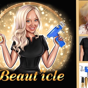 May include: A cartoon illustration of a woman holding a blue ear piercing gun and a bottle of clear nail polish. The background is gold with a circle around the woman. The text "Beaut'icle" is written in gold at the bottom of the image.