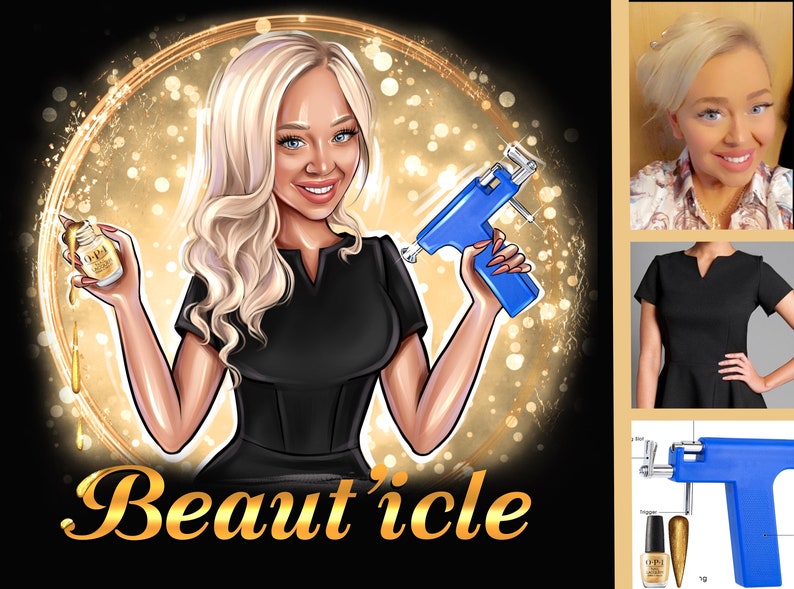 May include: A cartoon illustration of a woman holding a blue ear piercing gun and a bottle of clear nail polish. The background is gold with a circle around the woman. The text "Beaut'icle" is written in gold at the bottom of the image.