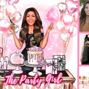 May include: Illustration of a woman with long brown hair, holding scissors and cotton candy, surrounded by pink balloons and party supplies. The image includes a cake, gifts, and the text "The Party Girl".