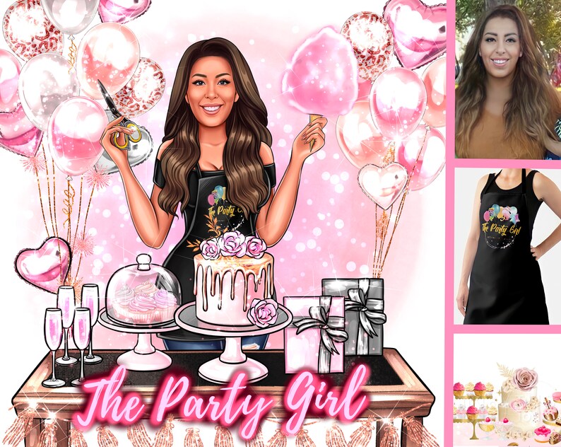 May include: Illustration of a woman with long brown hair, holding scissors and cotton candy, surrounded by pink balloons and party supplies. The image includes a cake, gifts, and the text "The Party Girl".