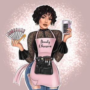 May include: A woman wearing a black lace top and a pink apron with the text "Beauty Obsession" is holding a fan of colourful nail polish and a package of false eyelashes.