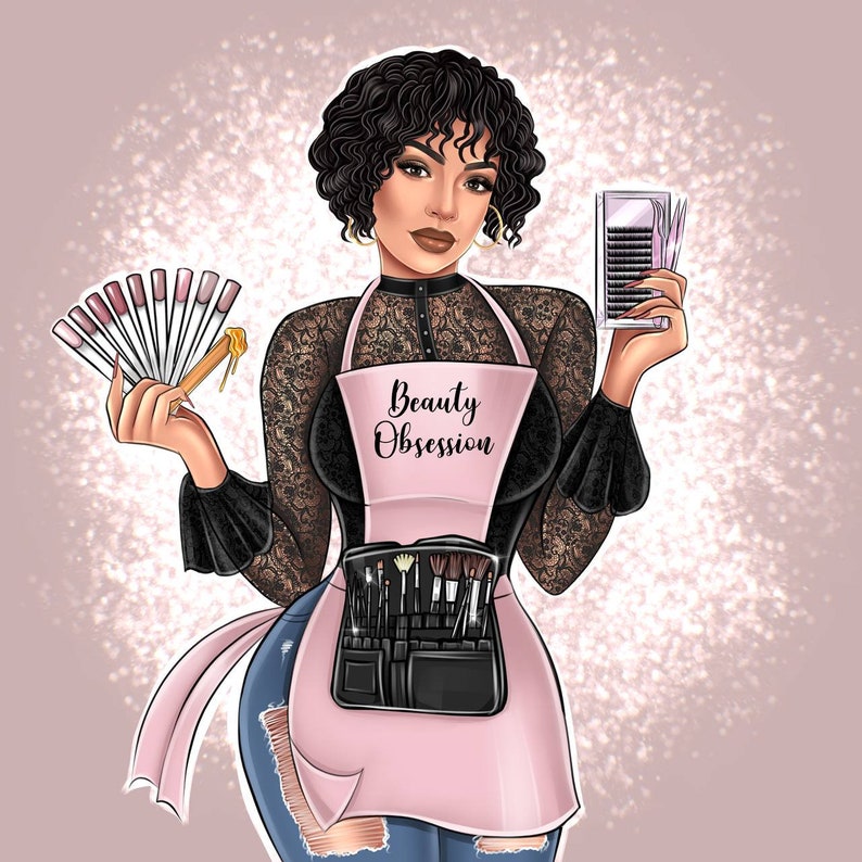 May include: A woman wearing a black lace top and a pink apron with the text "Beauty Obsession" is holding a fan of colourful nail polish and a package of false eyelashes.