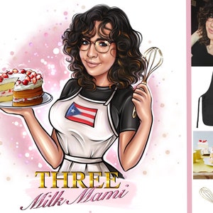May include: A cartoon illustration of a woman wearing a white apron with a Puerto Rican flag on it, holding a plate with a three-layer cake decorated with strawberries. The text "THREE Milk Mami" is below the image.