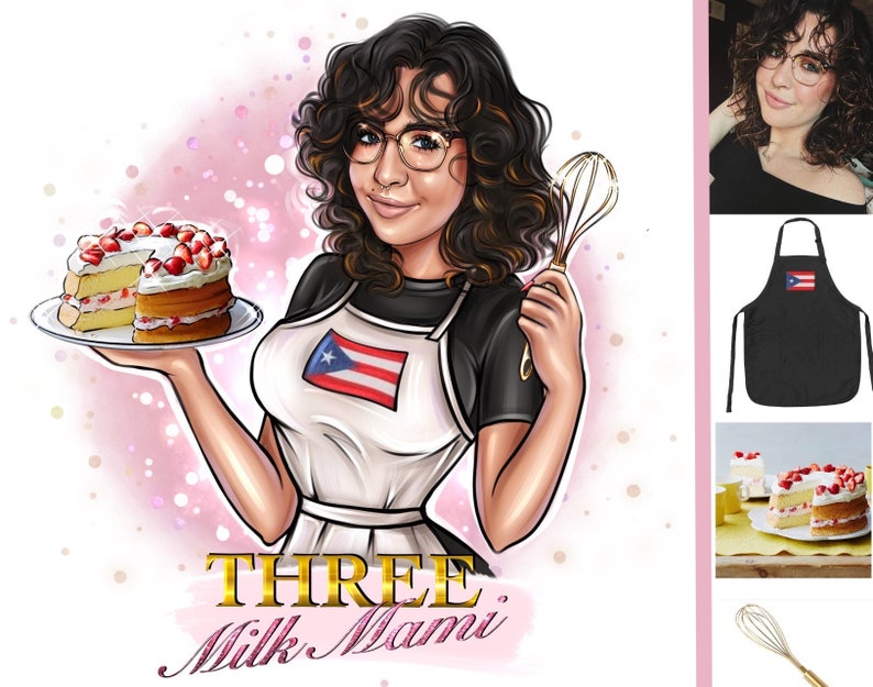 May include: A cartoon illustration of a woman wearing a white apron with a Puerto Rican flag on it, holding a plate with a three-layer cake decorated with strawberries. The text "THREE Milk Mami" is below the image.