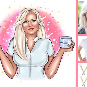 May include: A woman in a white uniform holds a jar of face cream in one hand and three makeup brushes in the other. She is smiling and has blonde hair. The background is pink with white dots.