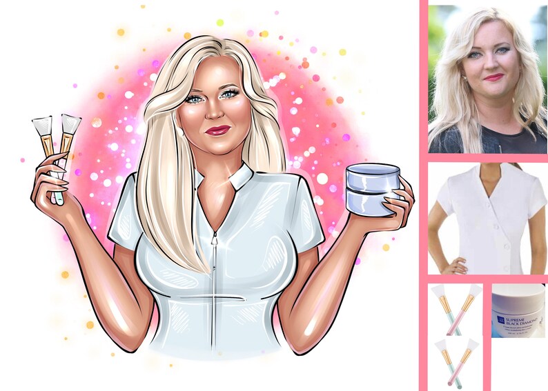 May include: A woman in a white uniform holds a jar of face cream in one hand and three makeup brushes in the other. She is smiling and has blonde hair. The background is pink with white dots.