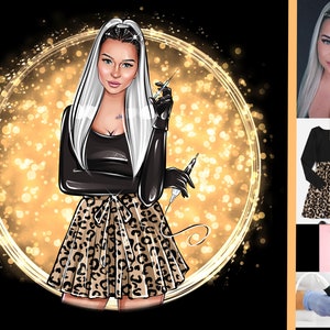 May include: A digital illustration of a woman with long white hair wearing a black top and a leopard print skirt. She is holding a needle in her right hand and a syringe in her left hand. The background is a gold circle with a sparkle effect.