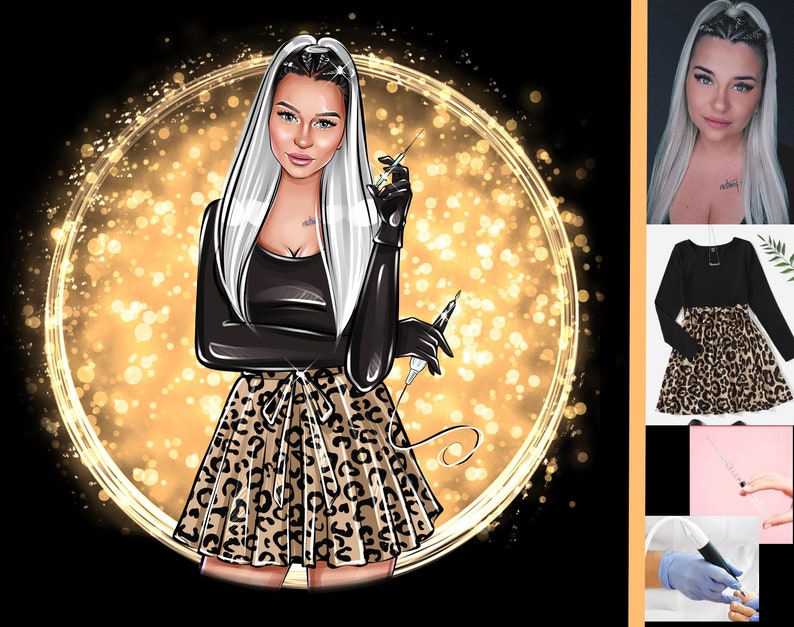 May include: A digital illustration of a woman with long white hair wearing a black top and a leopard print skirt. She is holding a needle in her right hand and a syringe in her left hand. The background is a gold circle with a sparkle effect.