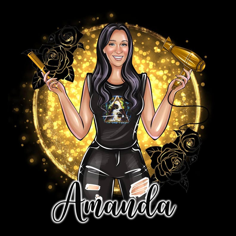 May include: Illustration of a woman holding a gold comb and a gold hairdryer. She is wearing a black tank top and black pants. The name "Amanda" is written in cursive at the bottom. The background is black with gold accents and roses.