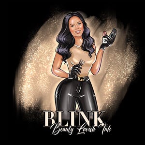 May include: Illustration of a woman with long black hair, wearing a tan top, black pants, and black gloves. She holds beauty products and tools. The image has a gold and black background with the text "BLINK Beauty Lavish Ink".