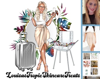 May include: A digital illustration of a woman with blonde hair and glasses holding a bottle of champagne and a makeup brush. She is standing in front of a vanity with a mirror and lights. There is a suitcase and tropical leaves in the background. The text "Louisas Tropic Skincare Treats" is at the bottom of the image.