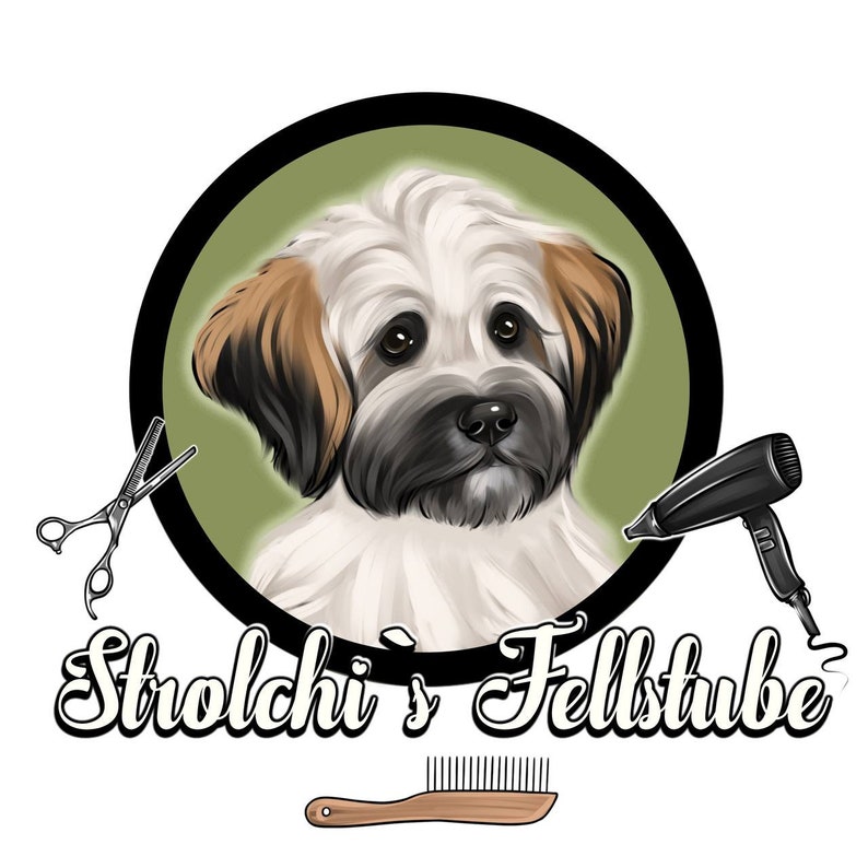 May include: A logo for a pet grooming business called "Strolchi's Fellstube". The logo features a white dog with brown and black markings, a pair of scissors, a hair dryer, and a brush.