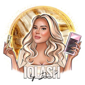 K&ouml;nnte beinhalten: Illustration einer Frau mit blonden Haaren, die Wimpernverl&auml;ngerungswerkzeuge und eine Wimperntablett h&auml;lt. Das Bild hat einen gold-braunen Hintergrund mit dem Text "IQLASH by Dana" unten. Die Frau tr&auml;gt ein helles Oberteil.