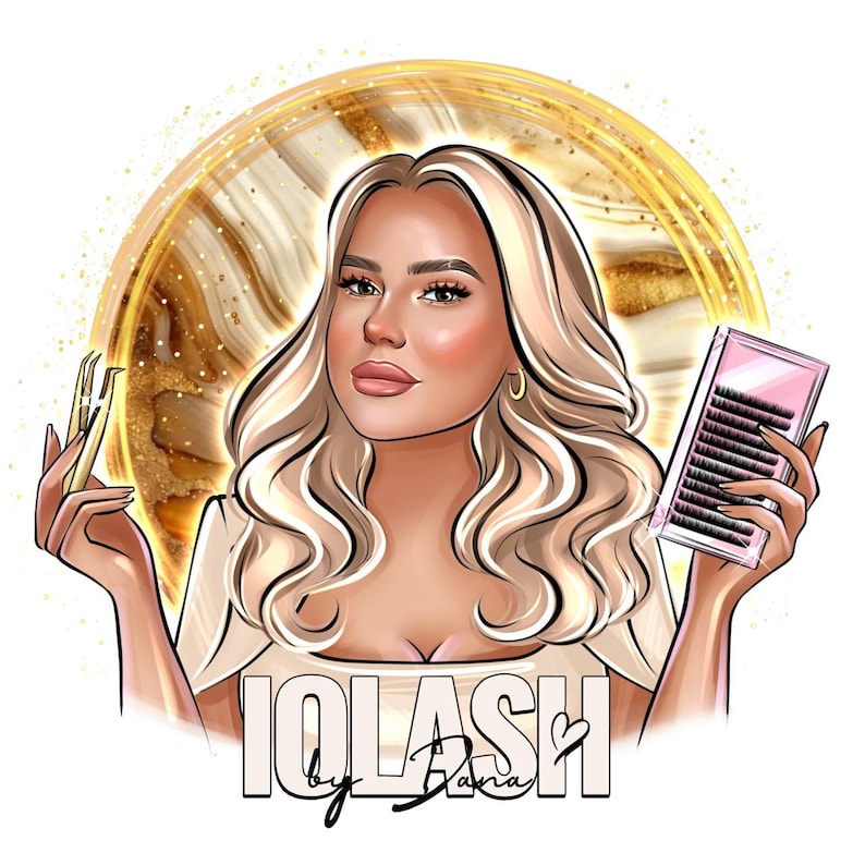 K&ouml;nnte beinhalten: Illustration einer Frau mit blonden Haaren, die Wimpernverl&auml;ngerungswerkzeuge und eine Wimperntablett h&auml;lt. Das Bild hat einen gold-braunen Hintergrund mit dem Text "IQLASH by Dana" unten. Die Frau tr&auml;gt ein helles Oberteil.