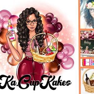 May include: Illustration of a woman with curly hair and glasses holding a bottle of Rhum Punch and a basket filled with treats. The basket contains a bottle of wine, cupcakes, and chocolate. Pink and brown balloons are in the background. The text "Ka.Cup Kakes" is at the bottom.